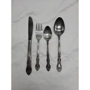 Vintage Lusterware Stainless Ornate Rose Butter Knife, Fork, 2 Spoons, Korea